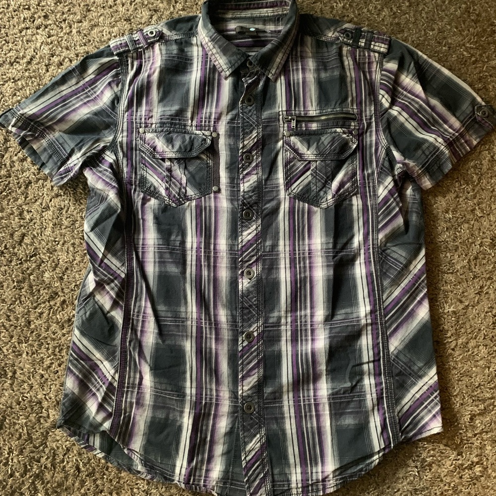 Men's Gray and Purple Plaid Shirt